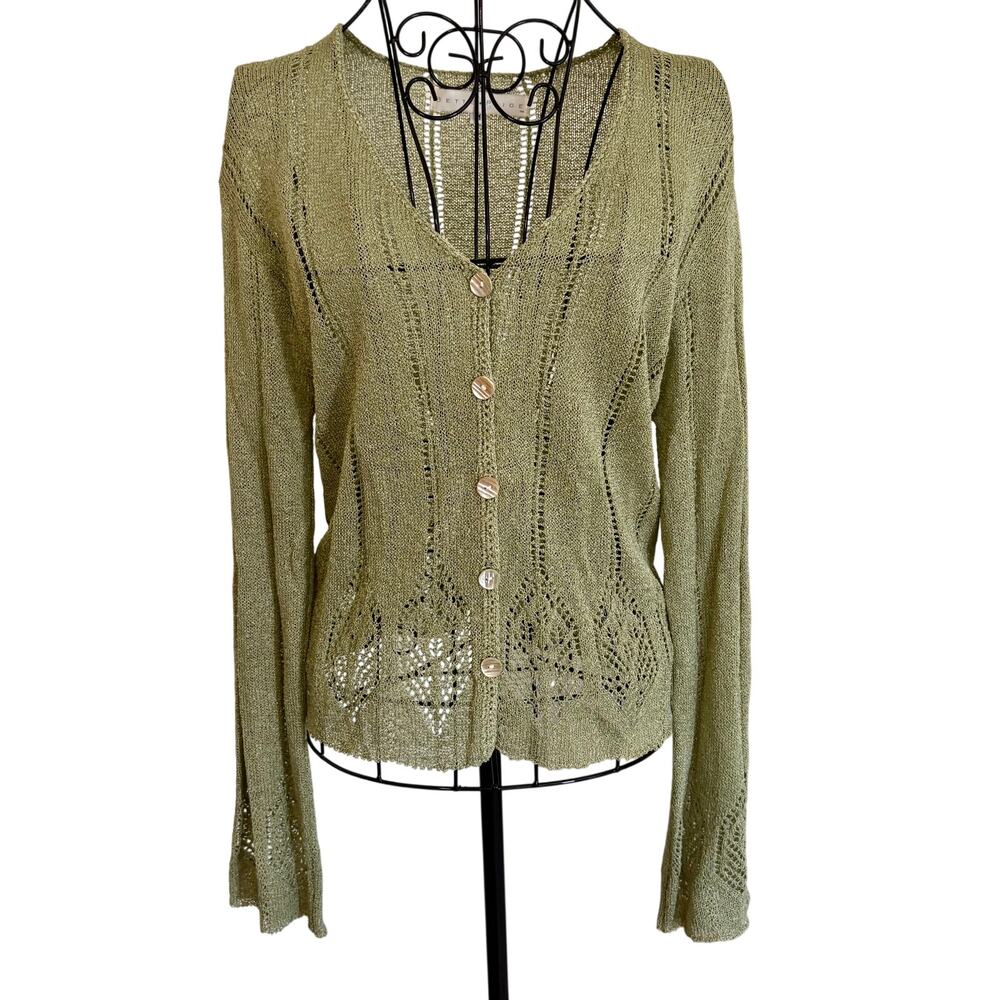 Bette Paige Crocheted Stretch Knit Lacey Cardigan Sweater Flared Sleeve Boho